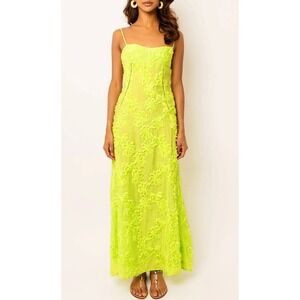 Amy Lynn Sofia Chartreuse Green Raised 3D Floral Patchwork Maxi Dress Size M